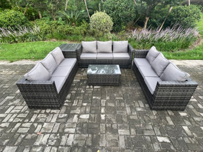 Fimous 9 Seater Outdoor Lounge Sofa Set Wicker Pe Rattan Garden Furniture Set With Oblong Coffee Table Side Table