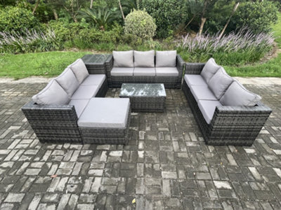 Fimous 10 Seater Outdoor Lounge Sofa Set Wicker Pe Rattan Garden Furniture Set With Oblong Coffee Table Side Table Big Footstool