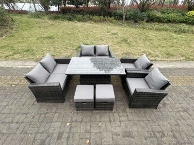 Fimous Rattan Outdoor Furniture Adjustable Rising Lifting Dining Table Chairs Two Seater Love Sofa Sets Footstools 8 Seater