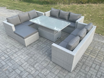 Fimous Light Grey U Shape Lounge Rattan Garden Furniture Set Adjustable Rising Lifting Table Dining Set Footstool from B&Q