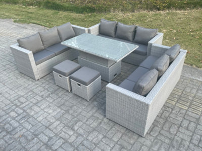 Fimous Light Grey U Shape Lounge Rattan Garden Furniture Set Adjustable Rising Lifting Table Dining Set 2 Stools from B&Q