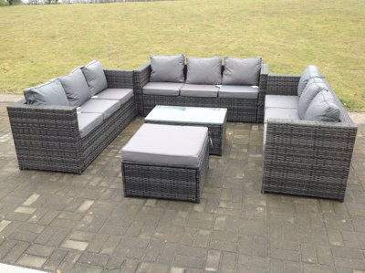 Fimous Outdoor Rattan Garden Furniture Lounge Sofa Set With Oblong Coffee Table With Big Footstool