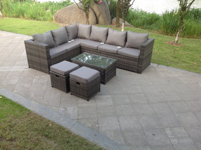 Fimous 8 Seater Rattan Corner Sofa Set Lounge Sofa With Oblong Rectangular Coffee Table 2 Stool And Chair Small