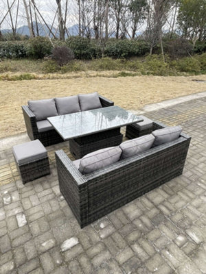 B&Q -  8 Seater Outdoor Rattan Sofa Set Garden Furniture Adjustable Rising Lifting Dining Table Footstools Dark Grey Mixed