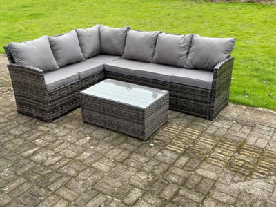 Fimous High Back Mixed Rattan Corner Sofa Set Outdoor Furniture Rectangular Coffee Table 6 Seater Dark/Grey