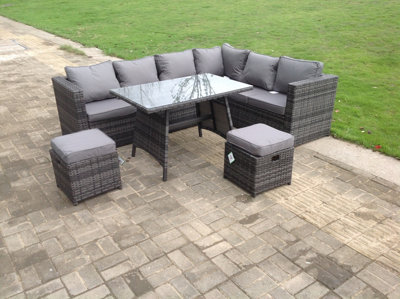 Fimous Mixed Rattan Garden Outdoor Corner Sofa Set Rectangular Dining Table Small Footstools 8 Seater Dark/Grey