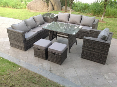 Fimous 7 Seater Rattan Corner Sofa Set 2 Table Armchair Footstool Garden Furniture Outdoor Grey