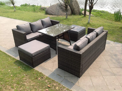 Fimous 8 Seater Lounge Rattan Sofa Dining Table Footstools Outdoor Garden Furniture