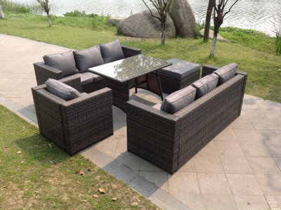 Fimous 8 Seater Lounge Rattan Sofa Dining Set Table Chair Footstool Garden Furniture Outdoor