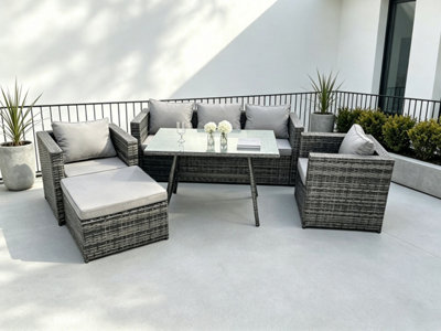 Fimous Grey Lounge Rattan Sofa Dining Table Set Chairs Footstool Garden Furniture Outdoor