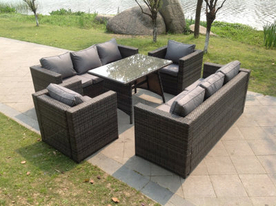 Fimous 8 Seater Lounge Rattan Sofa Set Dining Table Armchairs Garden Furniture Outdoor With Clear Tempered Glass from B&Q