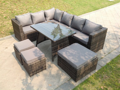 Fimous 9 Seater Rattan Corner Sofa Set Dining Table Footstool Garden Furniture Patio