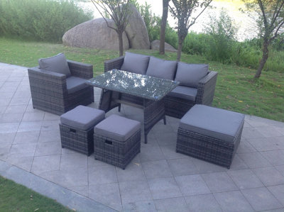 Fimous 7 Seater Grey Lounge Rattan Sofa Set Dining Table Chair Foot Rest Garden Furniture Outdoor from B&Q