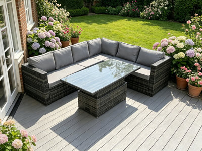 Fimous 6 Seater Rattan Corner Sofa Set Rising Adjustable Dining Table Set With Seat And Back Cushion