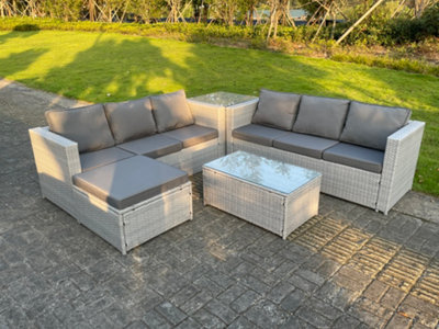 Fimous Light Grey Outdoor Rattan Garden Furniture Set Lounge Sofa Set 2 Coffee Table Big Footstool from B&Q