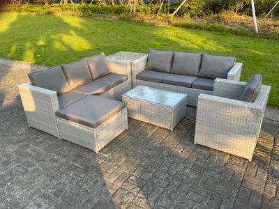 Fimous Pe Rattan Garden Furniture Set Corner Lounge Sofa Set Oblong Square Coffee Table Big Footstool Armchair Light/Grey