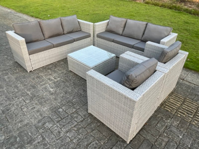 Fimous 8 Seater Light Grey Outdoor Pe Rattan Garden Furniture Set Wicker Sofa Set Square Coffee Table 2 Armchair from B&Q