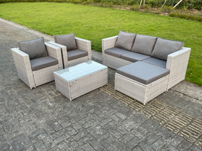 Fimous Light Grey Lounge Outdoor Pe Rattan Garden Furniture Set Wicker Sofa Set Oblong Coffee Table With 2 Armchair from B&Q