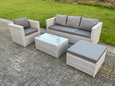 Fimous Light Grey Lounge Outdoor Pe Rattan Garden Furniture Set Wicker Sofa Set Oblong Coffee Table Armchair