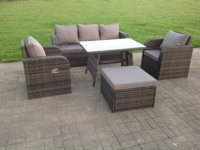 Fimous Pe Rattan Garden Furniture Set Adjustable Chair Sofa Lounge 3 Seater Sofa Oblong Rectangular Dining Table Footstool