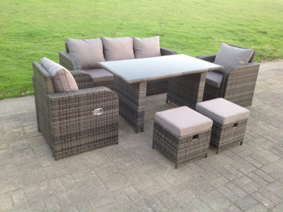 Fimous Pe Rattan Garden Furniture Set Adjustable Chair Lounge 3 Seater Sofa Oblong Rectangular Dining Glass Table 2 Stools Black