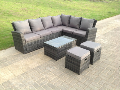 Fimous 8 Seater High Back Rattan Garden Furniture Set Corner Sofa With Oblong Coffee Table Stools from B&Q