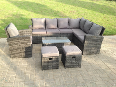 Fimous 9 Seater High Back Rattan Garden Furniture Set Corner Sofa With Oblong Coffee Table Stools With Chair