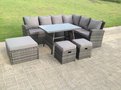 Fimous 9 Seater High Back Rattan Garden Furniture Set Corner Sofa With Oblong Dining Table Big And Stool Small