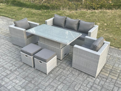 Fimous Rattan Garden Funiture Set Adjustable Rising Lifting Table Sofa Dining Set With 2 Arm Chair Stool