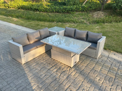 Fimous Rattan Garden Funiture Set Adjustable Rising Lifting Table Sofa Dining Set With Side Coffee Tea Table