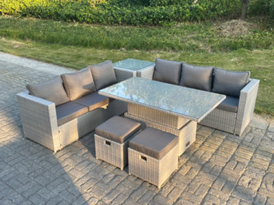 Fimous Rattan Garden Funiture Set Adjustable Rising Lifting Table Sofa Dining Set With Side Coffee Tea Table Stool from B&Q