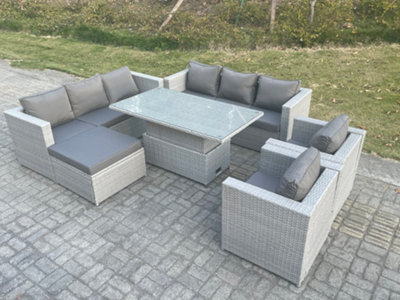 Fimous Rattan Garden Funiture Set Adjustable Rising Lifting Table Sofa Dining Set Lounge Sofa 2 Arm Chair Footstool from B&Q