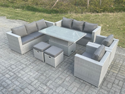 Fimous Rattan Garden Funiture Set Adjustable Rising Lifting Table Sofa Dining Set Lounge Sofa 2 Arm Chair Stool from B&Q