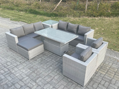 Fimous Rattan Garden Funiture Set Adjustable Rising Lifting Table Sofa Dining Set Lounge Chair Side Table Footstool