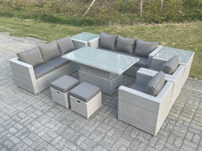 Fimous Rattan Garden Funiture Set Adjustable Rising Lifting Table Sofa Dining Set Lounge Chair 2 Side Table Stool from B&Q