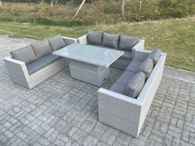 Fimous Lounge Rattan Garden Furniture Set Adjustable Rising Lifting Table Dining Set For Terrace