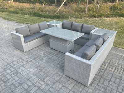 Fimous U Shape Lounge Rattan Garden Furniture Set Adjustable Rising Lifting Table Dining Set With 2 Pc Side Coffee Tea Table Stool from B&Q