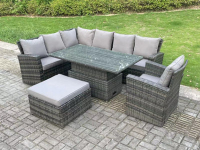 Fimous 8 Seater High Back Rattan Adjustable Rising Lifting Dining Table Corner Sofa Set Garden Furniture Set Left Hand from B&Q