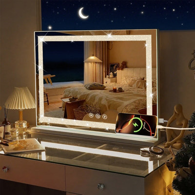  - Crystal Hollywood Vanity Makeup Mirror 58X46Cm 3 Lighting Modes 5X Magnifier And Usb Charging