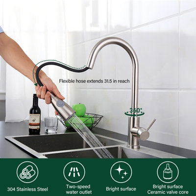 Pull Out Kitchen Tap Sus304 Stainless Steel Mixer Tap With 2 Spray Modes 360 Swivel Sink Faucet from B&Q