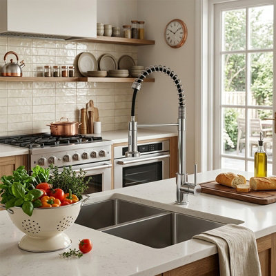  - Spring Pull-Out Kitchen Tap Sus 304 Stainless Steel Mixer Tap With Dual Spray Modes 360 Swivel Spout Pull Down Sprayer