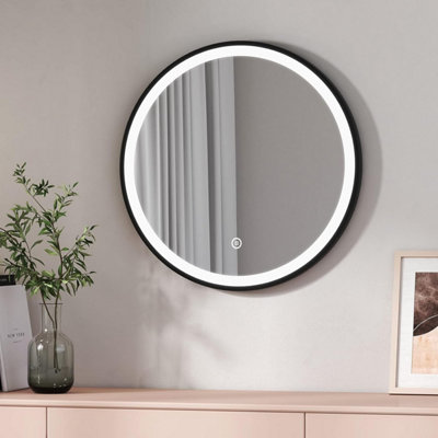Emke Round Bathroom Led Mirror Backlit Makeup Mirror With TouchLeatherDustproofAnti-FogBlack 600mm from B&Q