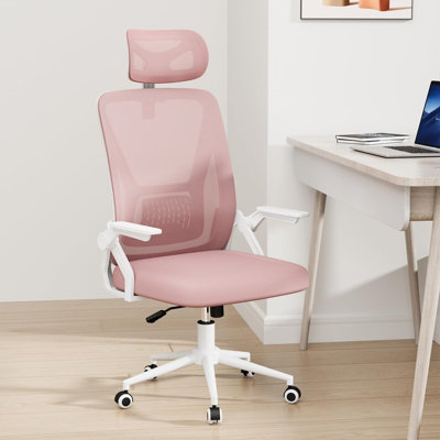 B&Q -  Ergonomic Mid-Back Mesh Office Chair With Flip-Up Armrests And Headrest-Pink