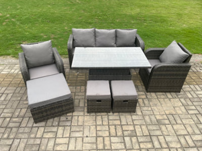 Fimous Outdoor Rattan Furniture Garden Dining Set Rising Lifting Table And Chair Set With Lounge Sofa 3 Footstools
