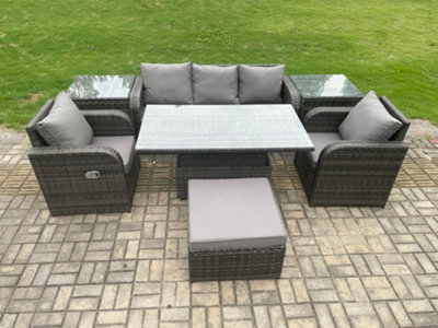 Fimous Wicker Pe Rattan Outdoor Garden Furniture Set Height Adjustable Rising Lifting Dining Table With Armchair
