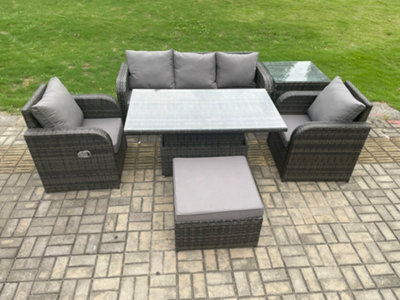 Fimous Wicker Pe Rattan Outdoor Garden Furniture Set Adjustable Rising Lifting Dining Table With Armchair Footstool from B&Q