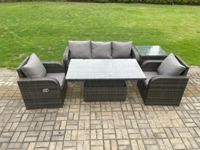 Fimous Wicker Pe Rattan Outdoor Garden Furniture Set Adjustable Rising Lifting Dining Table With Armchair Side Table