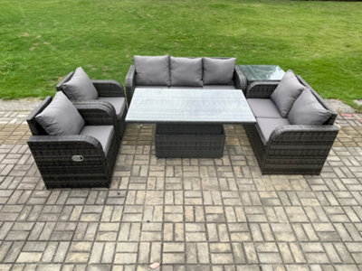 B&Q -  Wicker Pe Rattan Outdoor Garden Furniture Sets Adjustable Rising Lifting Dining Table Reclining Chair Sofa Set