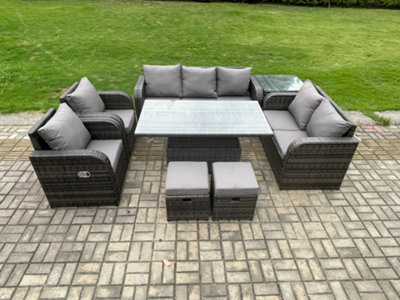 Fimous Rattan Outdoor Garden Furniture Sets Adjustable Rising Lifting Dining Table Reclining Chair Set With Side Table