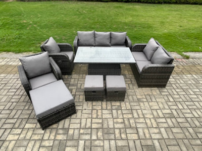 Fimous Rattan Outdoor Garden Furniture Sets Height Adjustable Rising Lifting Dining Table Sofa Set With Footstools